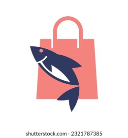 Shopping bag with fish logo. Vector illustration in flat style.