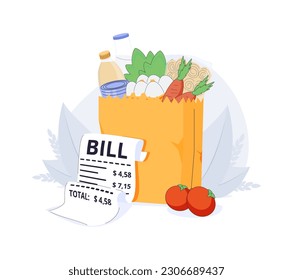 Caricatura vectorial plana de la bolsa de compras. Tienda de comestibles. Paquetes de papel y plástico llenos de alimentos sanos a base de plantas y de factura. Comer saludable y concepto de compra barata. Ilustración del vector