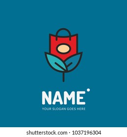 Shopping bag and flower. Vector logo design. Business concept icon.