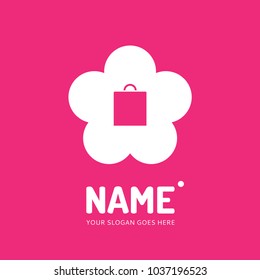 Shopping bag and flower. Vector logo design. Business concept icon.