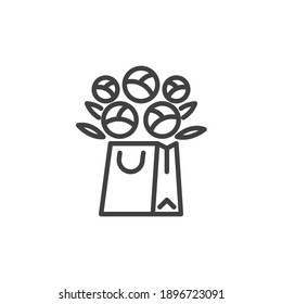 Shopping bag with flowers line icon. linear style sign for mobile concept and web design. Flowers bouquet in bag outline vector icon. Symbol, logo illustration. Vector graphics