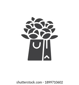 Einkaufstasche mit Blumen Vektorsymbol. volles Flachzeichen für mobiles Konzept und Webdesign. Blumen Bouquet in Tasche Glyph Symbol. Symbol, Logo-Abbildung. Vektorgrafik