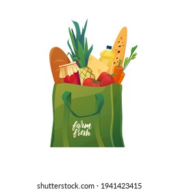 Shopping bag with food. Eco cotton green shopper. Bread, carrot, cheese, juice, pineapple, jam. Vector cartoon illustration.