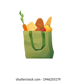 Shopping bag with food. Eco cotton green shopper. Bread, carrot, cheese, juice, pineapple, jam. Vector cartoon illustration.