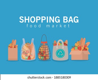 shopping bag food market lettering and set of market bags full of market products vector illustration design
