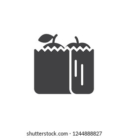 Shopping bag with food vector icon. filled flat sign for mobile concept and web design. Grocery paper bag simple solid icon. Symbol, logo illustration. Pixel perfect vector graphics