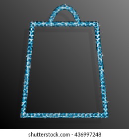 Shopping bag frame with blue sequins, glitters, sparkles, paillettes. Sale, discount banner or background with shiny sequins. Blue dots glitter texture. Symbol shopping. Bright frame. Repeat.