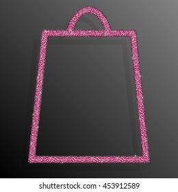 Shopping bag frame with pink sequins, glitters, sparkles, paillettes. Sale, discount banner or background with shiny sequins. Pink dots glitter texture. Symbol shopping. Bright frame. Repeat.