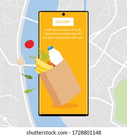 Shopping bag with fresh food and smartphone. Grocery supermarket, food and eats online buying and delivery concept. Vector