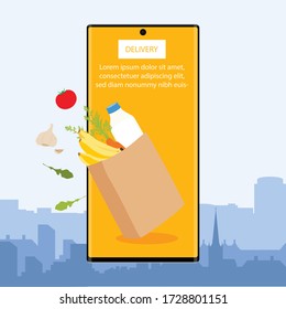 Shopping bag with fresh food and smartphone. Grocery supermarket, food and eats online buying and delivery concept. Vector