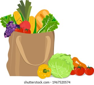 Shopping Bag with fresh vegetables and bread. Zero Waste. No plastic bags concept. Vector illustration.