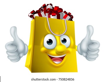 A Shopping Bag Full Of Christmas Or Birthday Gift Presents Cartoon Character Mascot Giving A Thumbs Up