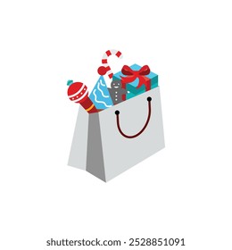Shopping Bag Full Of Christmas Gifts. Santa Claus red bag, sack full with gifts presents, sweets christmas boxes, magic time decorated with rope isolated on white background.