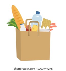 Shopping bag full of food and drinks. Food Delivery Concept. There is a bread, a bottle of milk, water, sausage, cheese, spaghetti, eggs and green onions in the picture. Vector illustration on a white