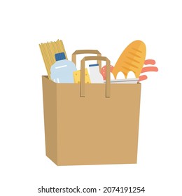 Shopping bag full of food and drinks. Food Delivery Concept. There is a bread, a bottle of milk, water, sausage, cheese, spaghetti and eggs in the picture. Vector illustration