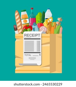 Shopping bag full of groceries products and receipt. Grocery store. Supermarket. Fresh organic food and drinks. Vector illustration in flat style