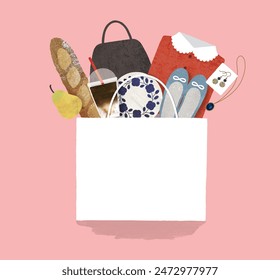 A shopping bag full of purchases watercolor