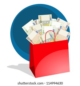 Shopping bag full of red bills 50, 100 y 200 euros