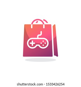 Shopping bag with game controller flat icon, vector sign, Gamer shopping bag colorful pictogram isolated on white. Symbol, logo illustration. Flat style design