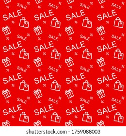 Sale promotion text, shopping bag, and gift bow thin line icon with red background seamless pattern to store wallpaper. White presents with ribbon vector for the advertising backdrop on a special day.