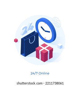 Shopping bag, gift box and clock face. Concept of 24 7 store, global internet retail service availabale at anytime, buying goods online. Modern isometric vector illustration for poster, banner.