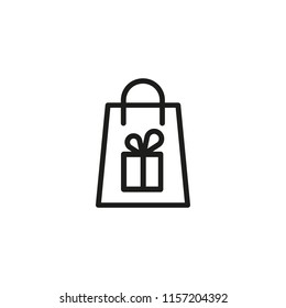 Shopping bag with gift box line icon. Birthday, Christmas present, purchase. Gift concept. Vector illustration can be used for topics like shopping, holiday, sale