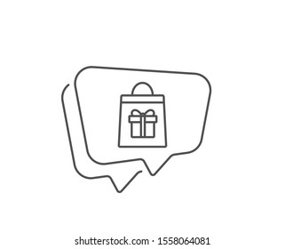 Shopping bag with Gift box line icon. Chat bubble design. Present or Sale sign. Birthday Shopping symbol. Package in Gift Wrap. Outline concept. Thin line holidays shopping icon. Vector