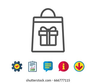Shopping bag with Gift box line icon. Present or Sale sign. Birthday Shopping symbol. Package in Gift Wrap. Report, Service and Information line signs. Download, Speech bubble icons. Editable stroke
