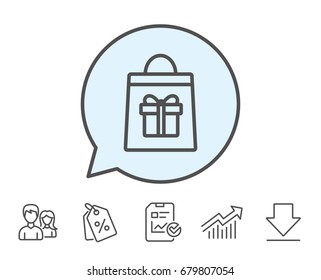 Shopping bag with Gift box line icon. Present or Sale sign. Birthday Shopping symbol. Package in Gift Wrap. Report, Sale Coupons and Chart line signs. Download, Group icons. Editable stroke. Vector