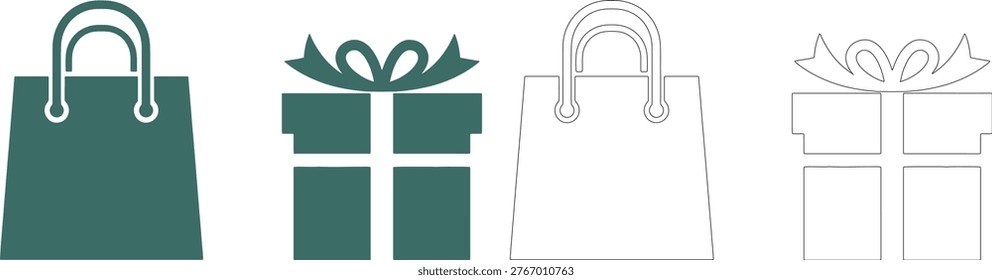 Shopping bag and gift box solid and outline present