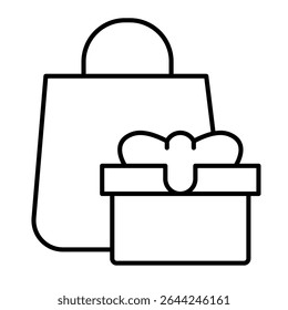 Einkaufstasche und Geschenkbox dünne Linie Symbol, fröhliches Weihnachtskonzept. Vektorgrafiken. Papierpaket mit gegenwärtigem Paketzeichen auf weißem Hintergrund, Stil mobil oder Design