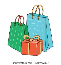 Bolsa de compras con ilustración vectorial de la caja de regalo, pictograma de estilo lineal de color aislado en fondo blanco