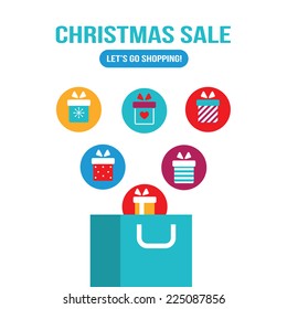 Shopping bag with gift boxes flying out of it. New Year, Christmas sale, shop, best offer,great deal concept. Banner, background design template for your business. Flat style. Vector illustration 