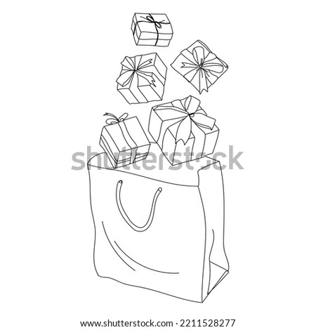 Shopping bag with gift boxes line drawing isolated on white background.Vector illustration with flying gift boxes in a shopping bag black and white sketch