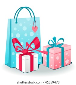 shopping bag and gift boxes on a white background