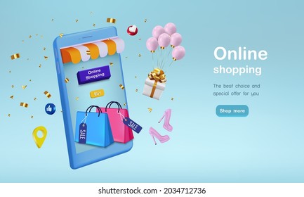 Shopping bag with gift  and confetti for online shopping