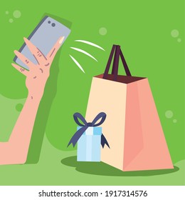 Shopping Bag Gift And Hand Holding Smartphone Design Of Commerce And Market Theme Vector Illustration