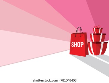 Shopping bag and gift with pink background