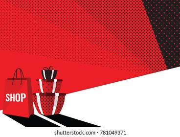 Shopping bag and gift with red dot background