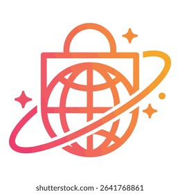 Shopping bag with globe and orbiting stars isolated on white background