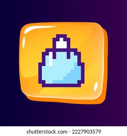 Shopping bag glossy ui button with pixelated color icon. Online purchases. Ecommerce service. Editable 8bit graphic element on shiny glass rectangle shape. Isolated image for arcade, video game design