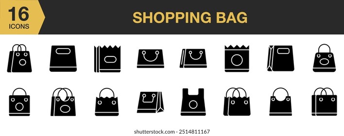 Shopping Bag Glyph icon set. Includes shopping bag icons, and More. Solid icons vector collection.