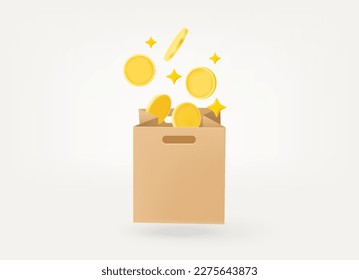 Bolsa de compras con monedas de oro. El concepto de pago por productos. 3.ª ilustración vectorial