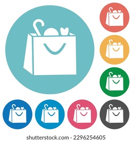 Shopping bag with goods solid flat white icons on round color backgrounds