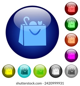 Shopping bag with goods solid icons on round glass buttons in multiple colors. Arranged layer structure