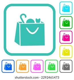 bolsa de compra con artículos iconos planos de color claro sólido en bordes curvados sobre fondo blanco