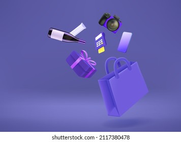 Shopping bag with goods in veri peri color room . 3d vector illustration