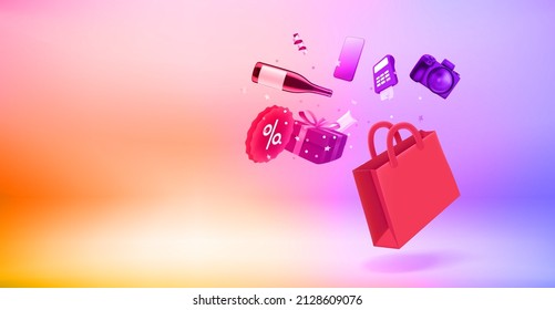 Shopping bag with goods in veri peri color room . 3d vector banner with copy space