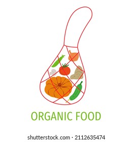 A shopping bag with groceries. Fresh vegetables, shopping from the store. Farm products. Logo.