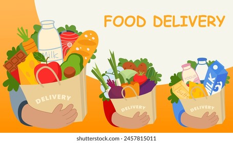 Shopping bag with groceries. Hands hold a package with groceries. Food delivery in eco-friendly packaging,food delivery concept. Fresh vegetables, fruits, milk. Delivery from supermarket, farmers